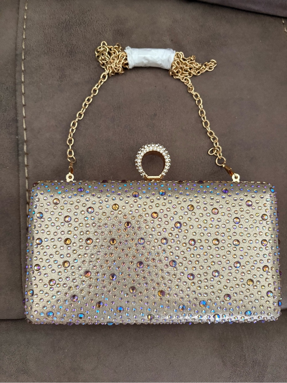 Gold Crystal Embellished Evening Clutch with Chain Handle